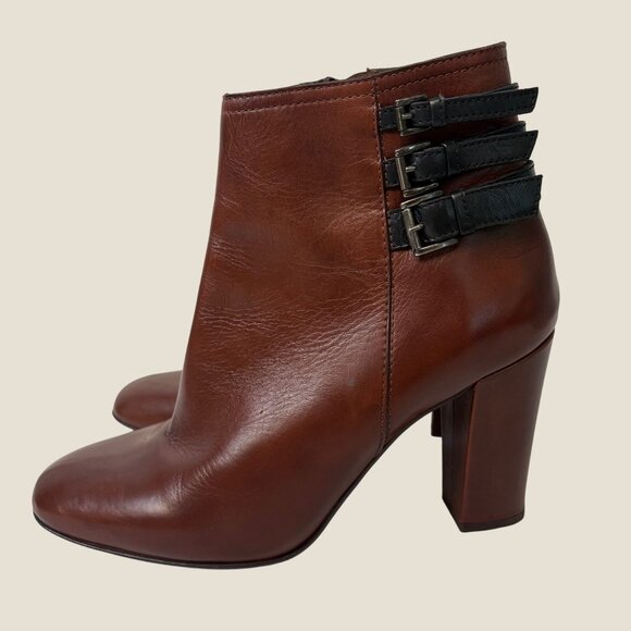 Sesto Meucci Brown Leather Ankle Boots Zip Closure Block Heel Buckle Accents Siz - Picture 4 of 11
